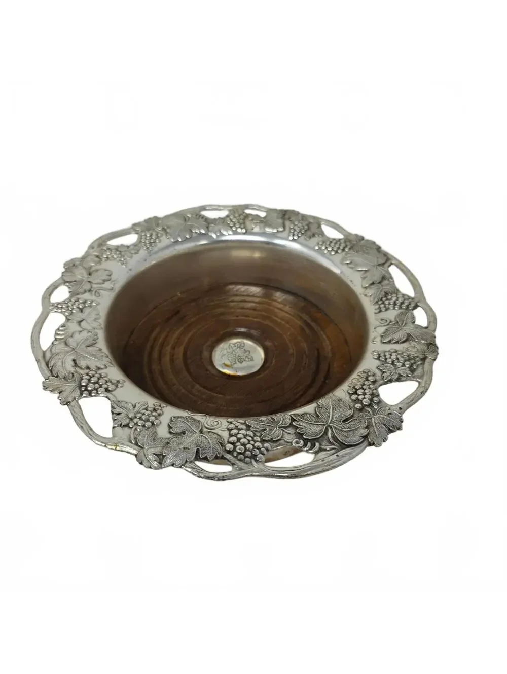 Vintage Japanese Silverplate Wood Bowl Grapevine Candy Nut Catchall Dish
